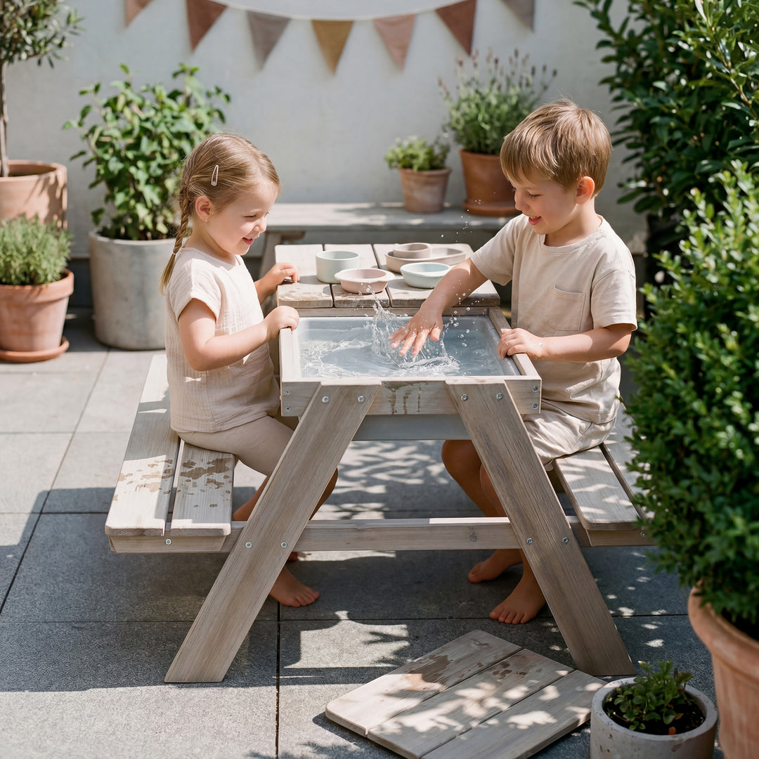 Conjunto de asientos infantiles «Play» con bandejas de juego, de madera maciza resistente a la intemperie - Gris