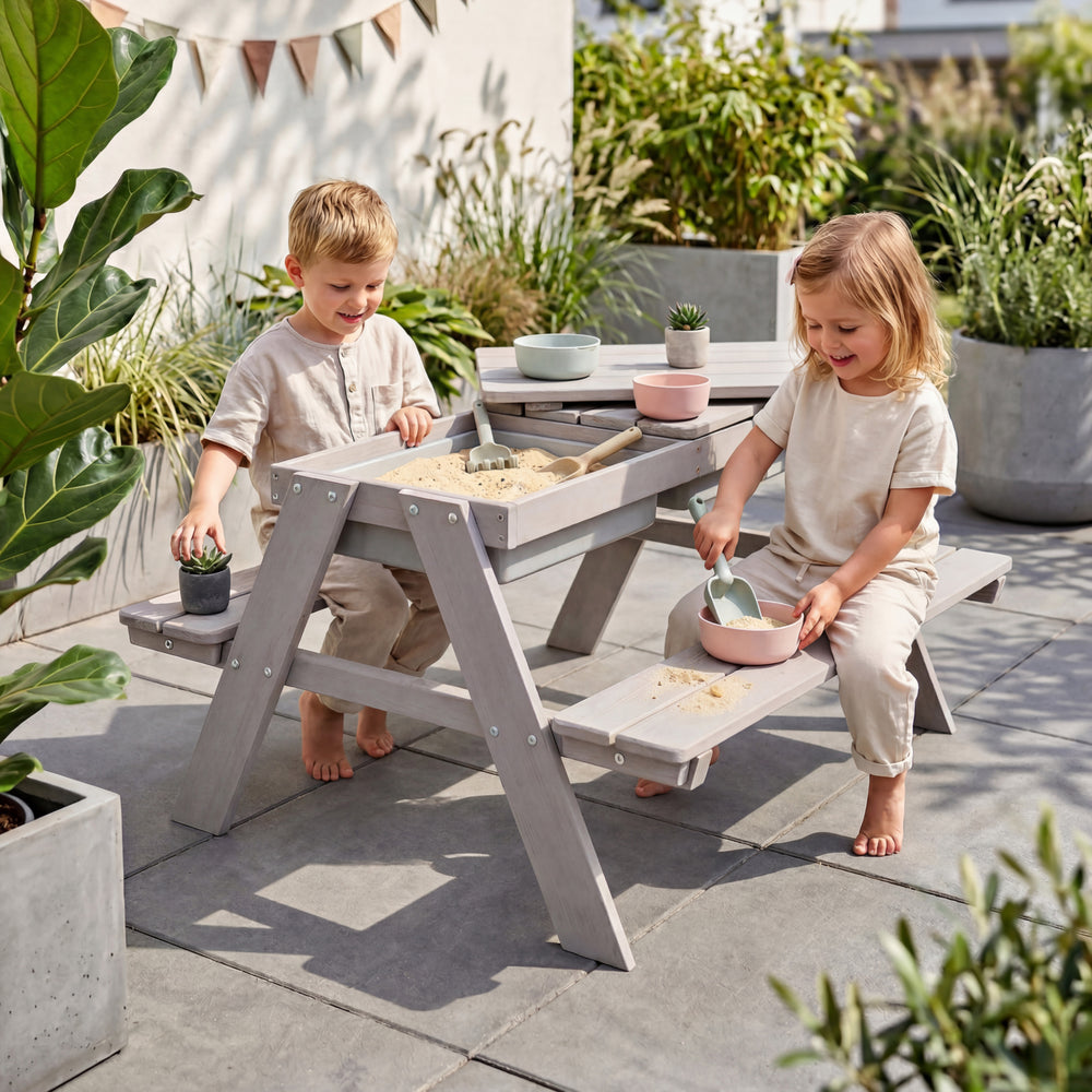 Conjunto de asientos infantiles «Play» con bandejas de juego, de madera maciza resistente a la intemperie - Gris