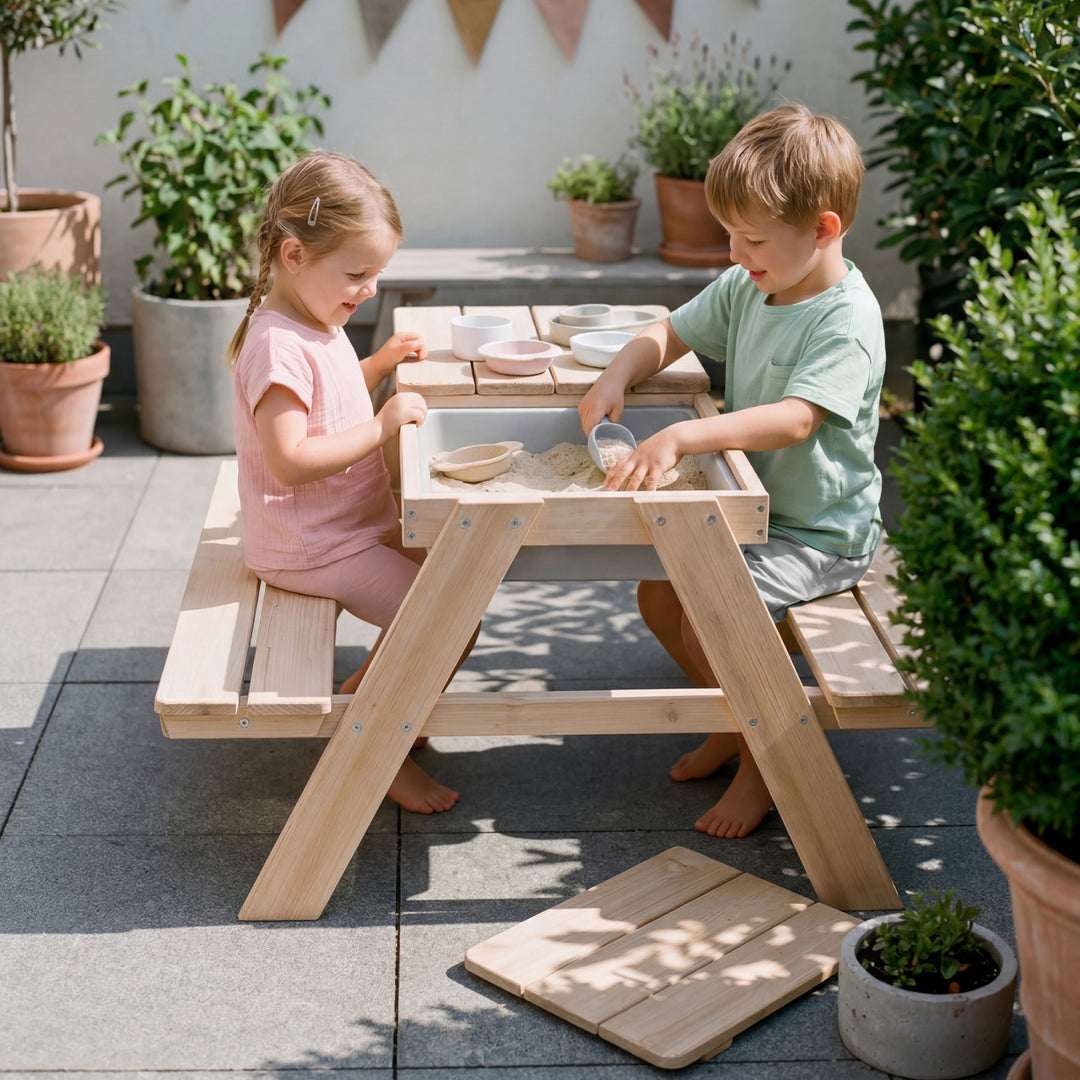 Kindersitzgarnitur 'Play' mit Spielwannen, Massivholz, Sitzgarnitur & Matschtisch - Natur
