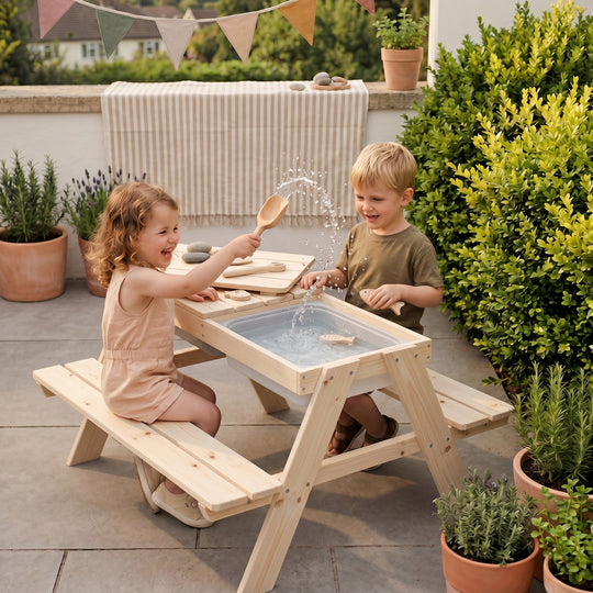Kindersitzgarnitur 'Play' mit Spielwannen, Massivholz, Sitzgarnitur & Matschtisch - Natur