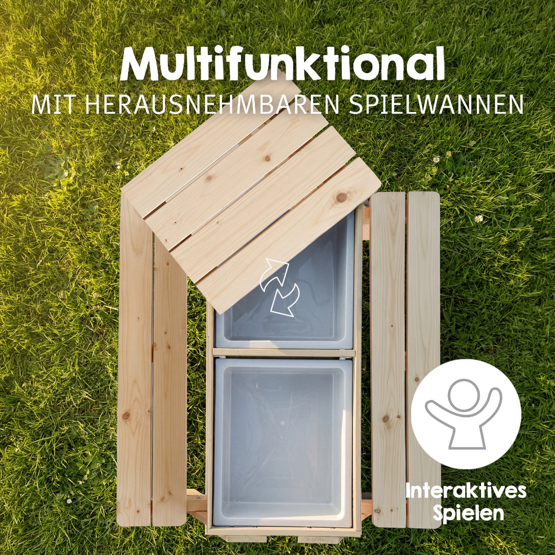 Kindersitzgarnitur 'Play' mit Spielwannen, Massivholz, Sitzgarnitur & Matschtisch - Natur