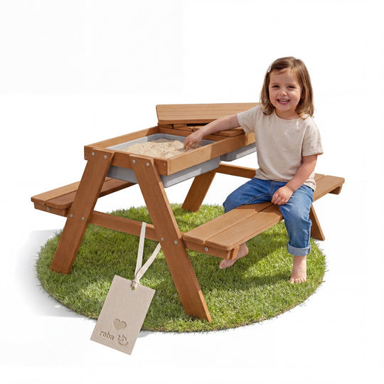 Conjunto de asientos infantiles «Play» con bandejas de juego, de madera maciza resistente a la intemperie - teca