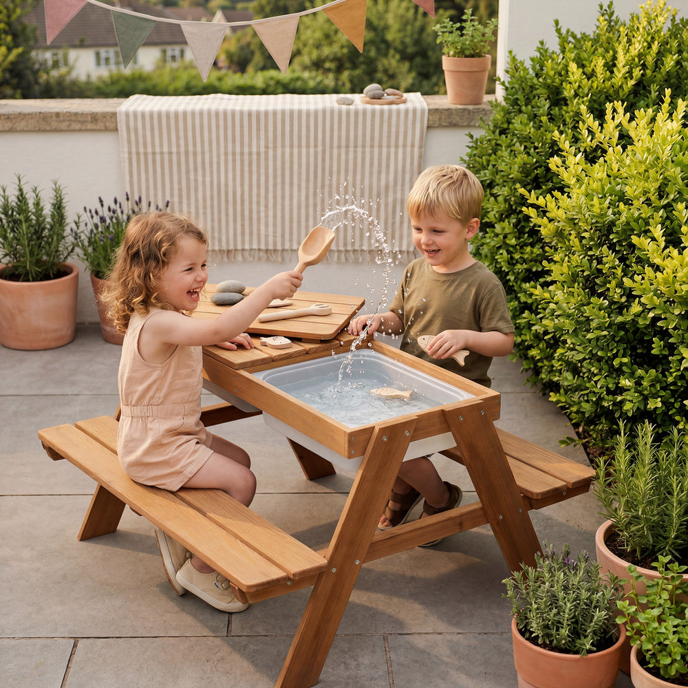 Kindersitzgarnitur 'Play' mit Spielwannen, wetterfestes Massivholz, Sitzgarnitur & Matschtisch