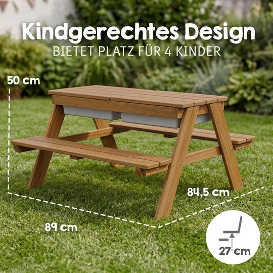 Conjunto de asientos infantiles «Play» con bandejas de juego, de madera maciza resistente a la intemperie - teca