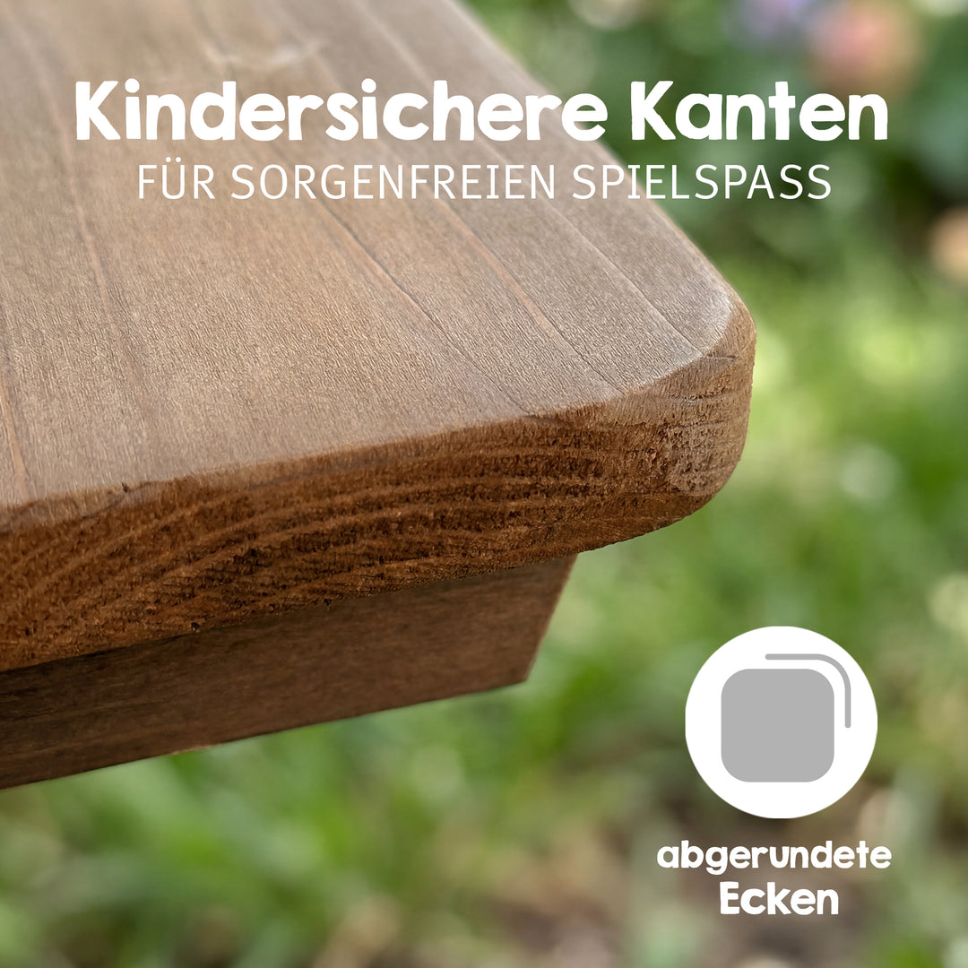 Conjunto de asientos infantiles «Play» con bandejas de juego, de madera maciza resistente a la intemperie - teca