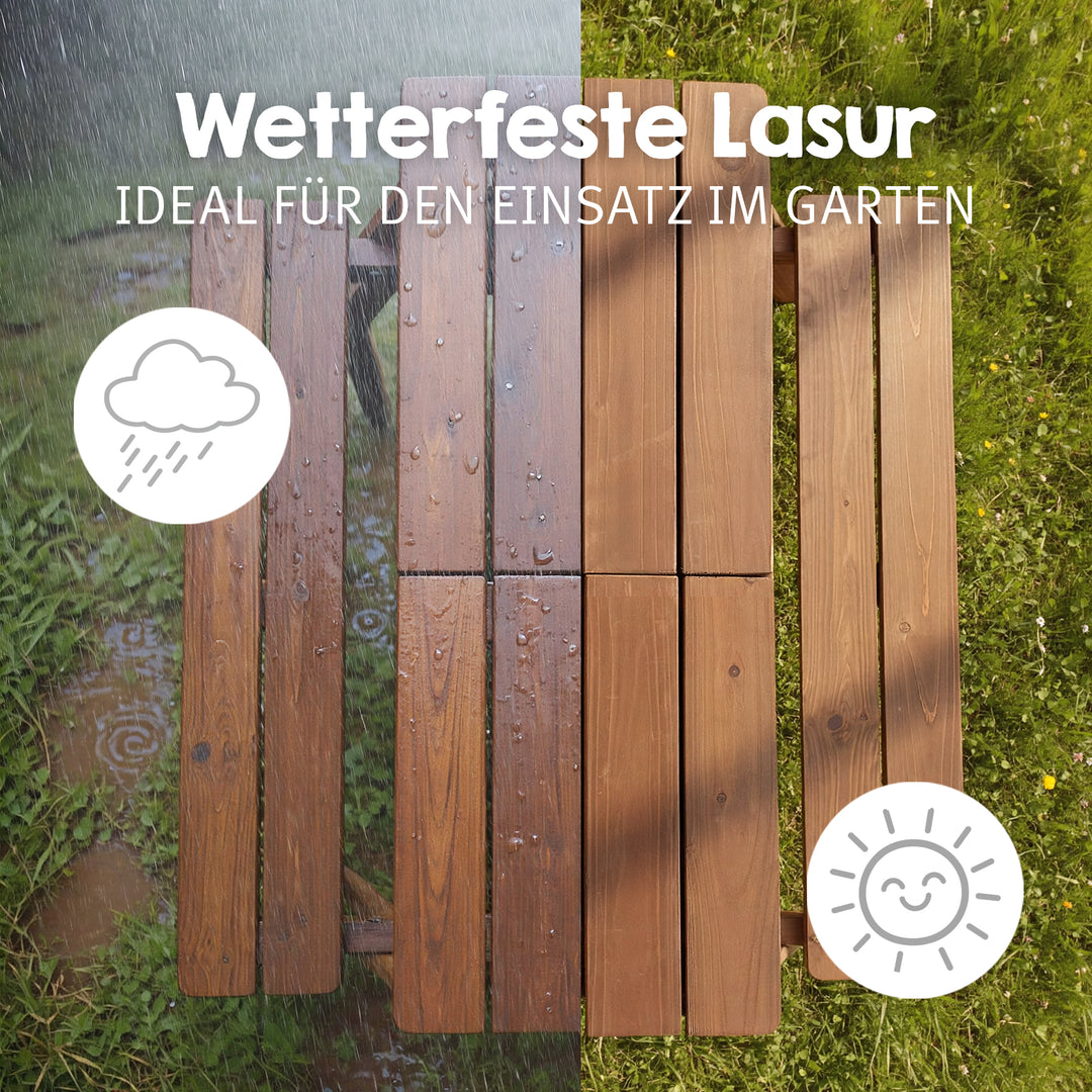 Conjunto de asientos infantiles «Play» con bandejas de juego, de madera maciza resistente a la intemperie - teca