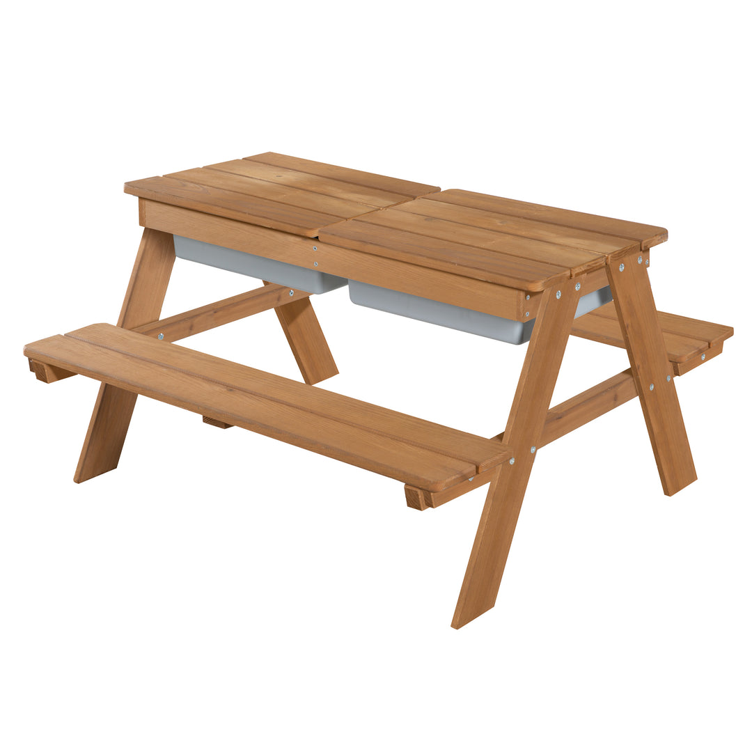 Conjunto de asientos infantiles «Play» con bandejas de juego, de madera maciza resistente a la intemperie - teca