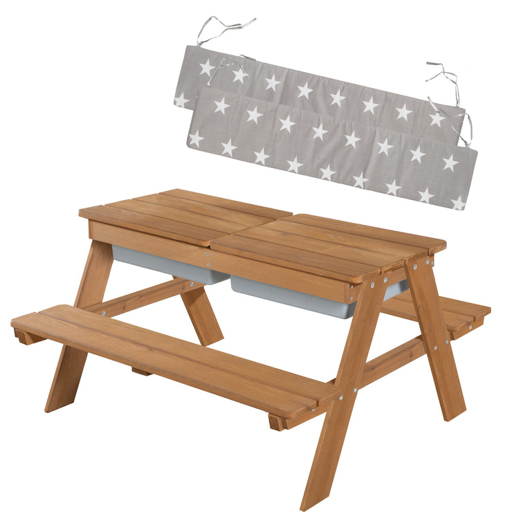 Set seggiolino bambino 'Outdoor+' con vasche da gioco, legno massello resistente alle intemperie, set di sedute e tavolo da tappetino