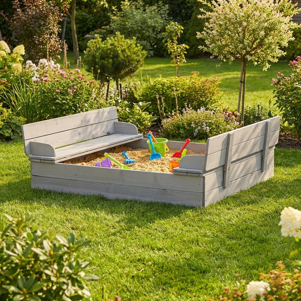 Sandkasten mit Deckel aufklappbar zu 2 Bänken, Massivholz, wetterfest, grau, 21,5 x 127 x 123,5 cm