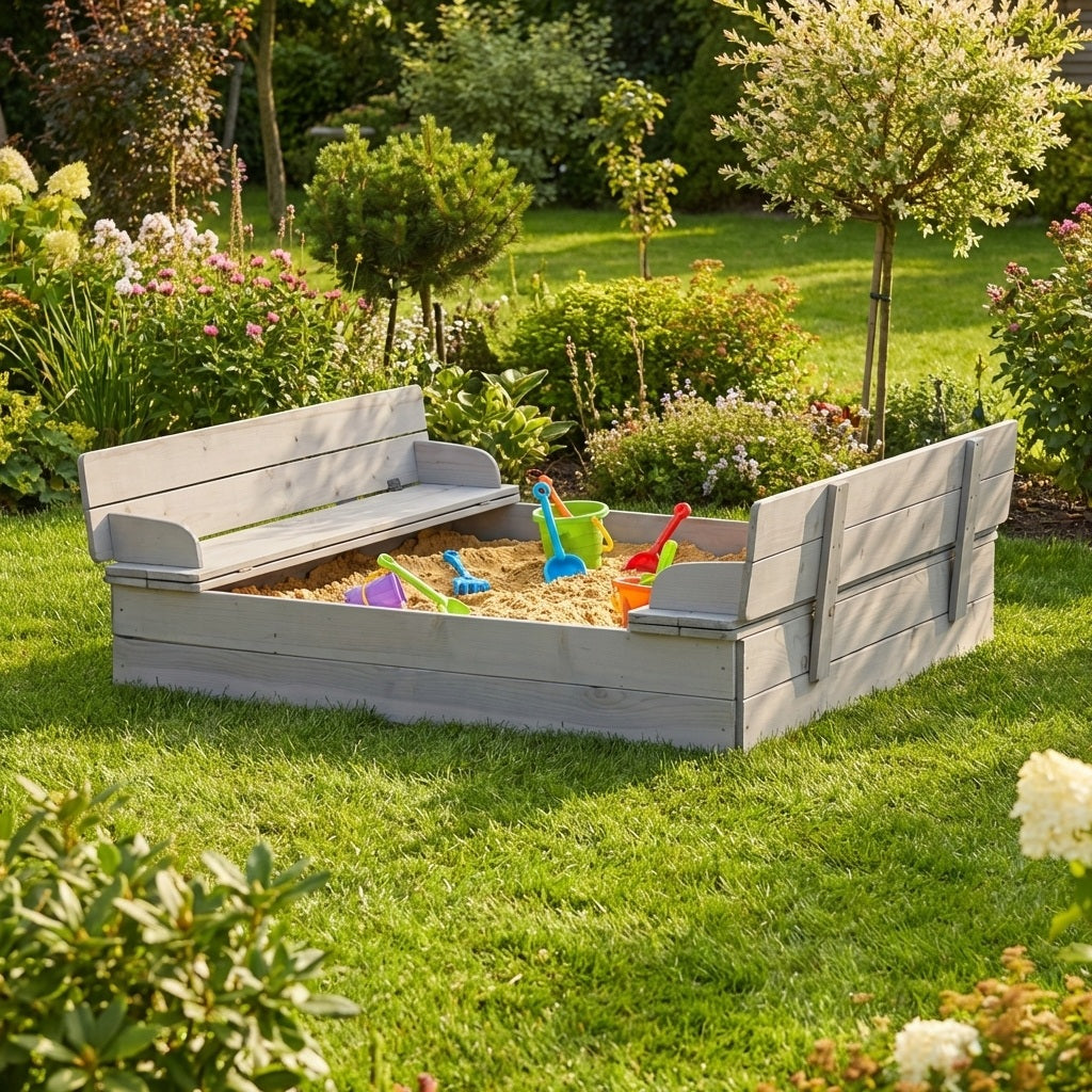 Sandkasten mit Deckel aufklappbar zu 2 Bänken, Massivholz, wetterfest, grau, 21,5 x 127 x 123,5 cm