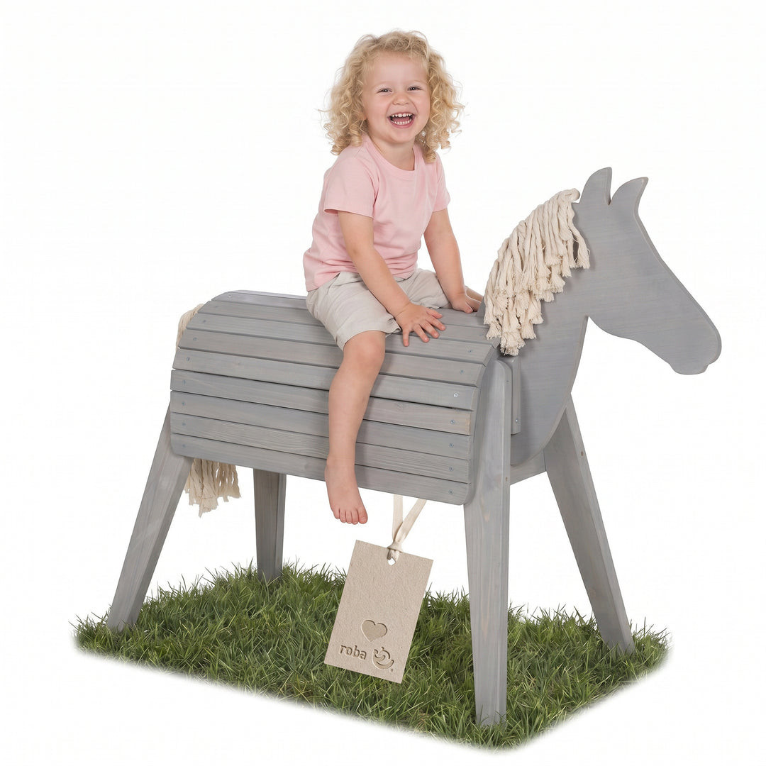 Cheval de voltige et d’extérieur avec crinière et queue – Bois massif gris