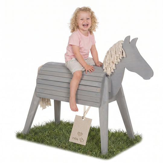 Cheval de voltige et d’extérieur avec crinière et queue – Bois massif gris