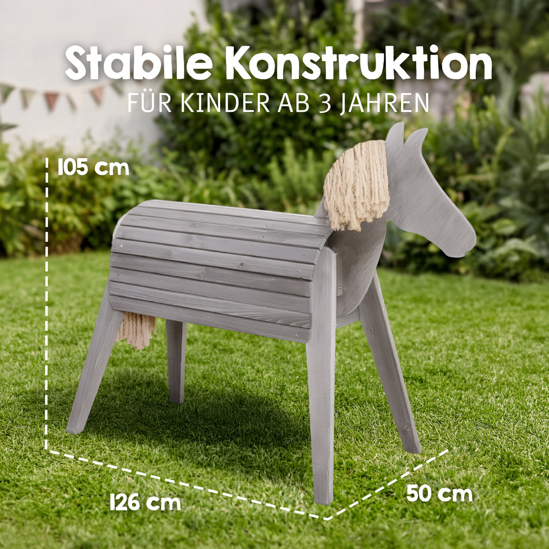 Cheval de voltige et d’extérieur avec crinière et queue – Bois massif gris