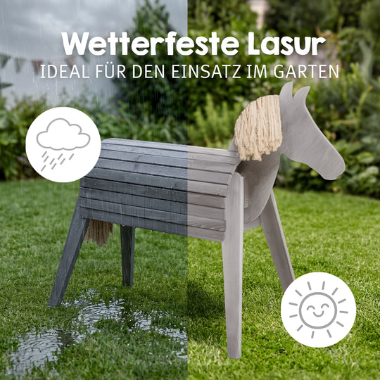 Cheval de voltige et d’extérieur avec crinière et queue – Bois massif gris