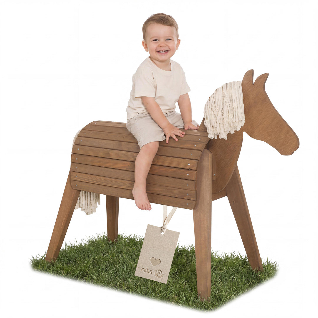 Cheval de voltige et d’extérieur avec crinière et queue – Bois massif couleur teck