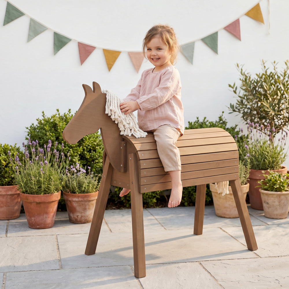 Cheval de voltige et d’extérieur avec crinière et queue – Bois massif couleur teck