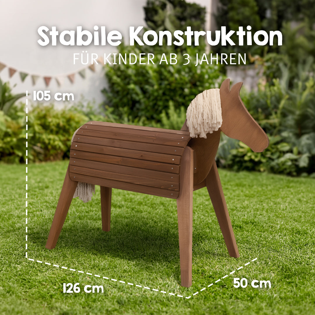 Cheval de voltige et d’extérieur avec crinière et queue – Bois massif couleur teck