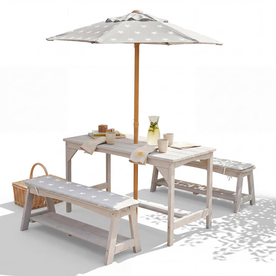 Ensemble 'Outdoor +' - 1 table, 2 bancs, parasol & coussins 'Little Stars' - Gris
