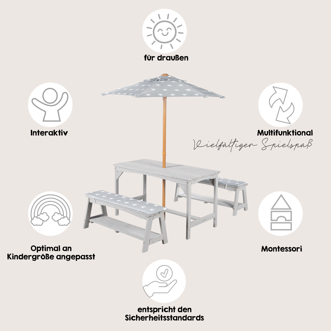 Ensemble 'Outdoor +' - 1 table, 2 bancs, parasol & coussins 'Little Stars' - Gris