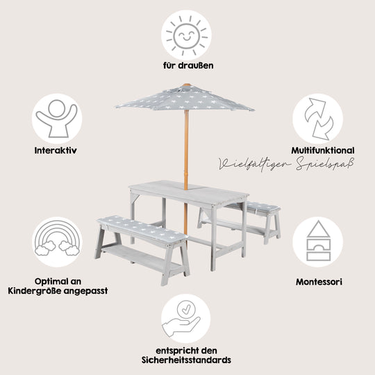 Ensemble 'Outdoor +' - 1 table, 2 bancs, parasol & coussins 'Little Stars' - Gris