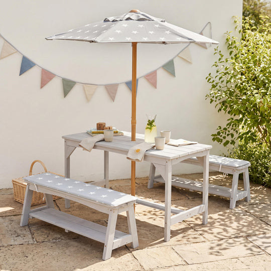 Ensemble 'Outdoor +' - 1 table, 2 bancs, parasol & coussins 'Little Stars' - Gris
