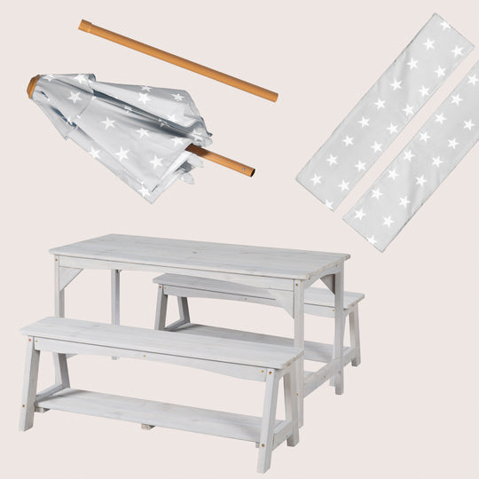 Ensemble 'Outdoor +' - 1 table, 2 bancs, parasol & coussins 'Little Stars' - Gris