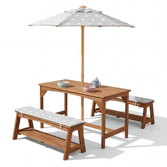 Outdoor Seating Group+ 1 Table, 2 Benches, Parasol & Seat Cushions 'Little Stars' - Teak