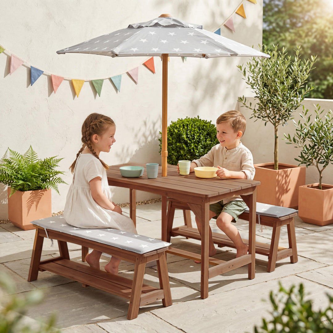campingtisch 2 m Sitzgruppe Outdoor+ Tisch, 2 Bänke & Schirm Teak