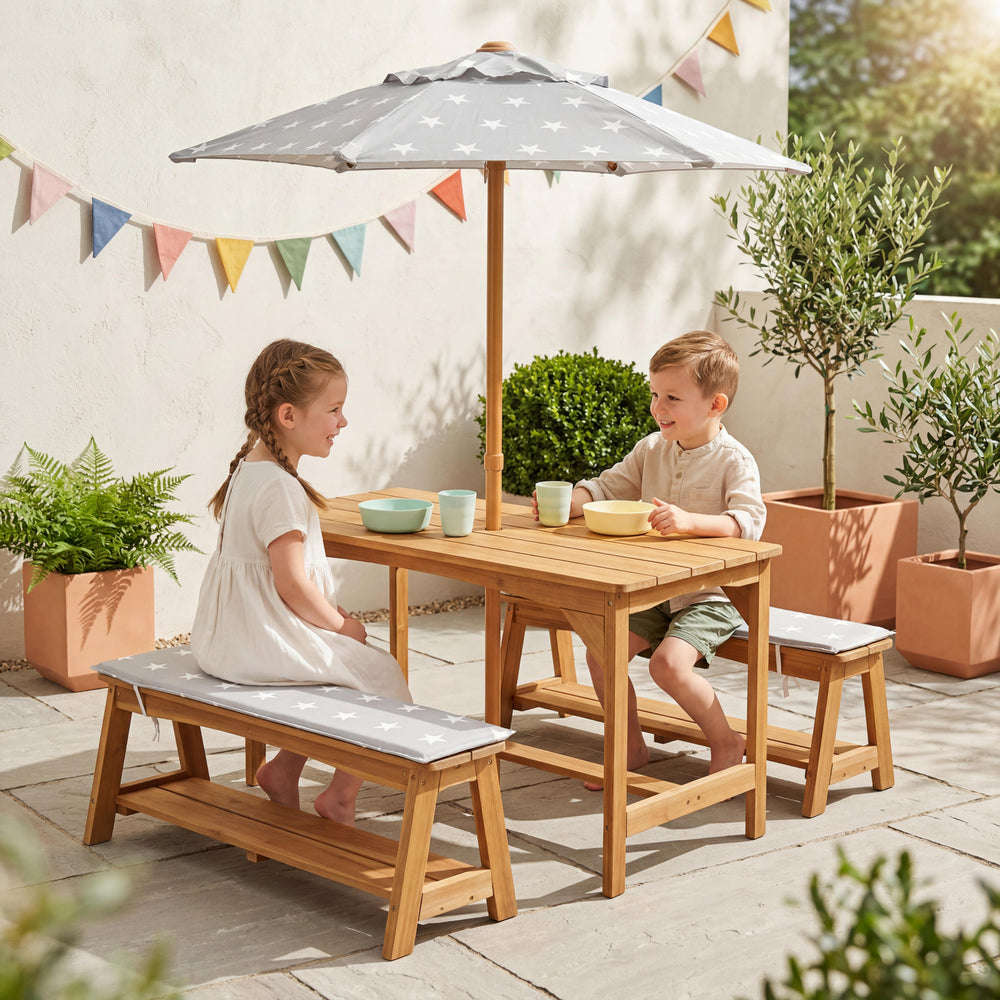 Ensemble 'Outdoor +' - 1 table, 2 bancs, parasol & coussins 'Little Stars' - Teck