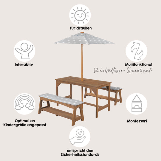 Outdoor Seating Group+ 1 Table, 2 Benches, Parasol & Seat Cushions 'Little Stars' - Teak