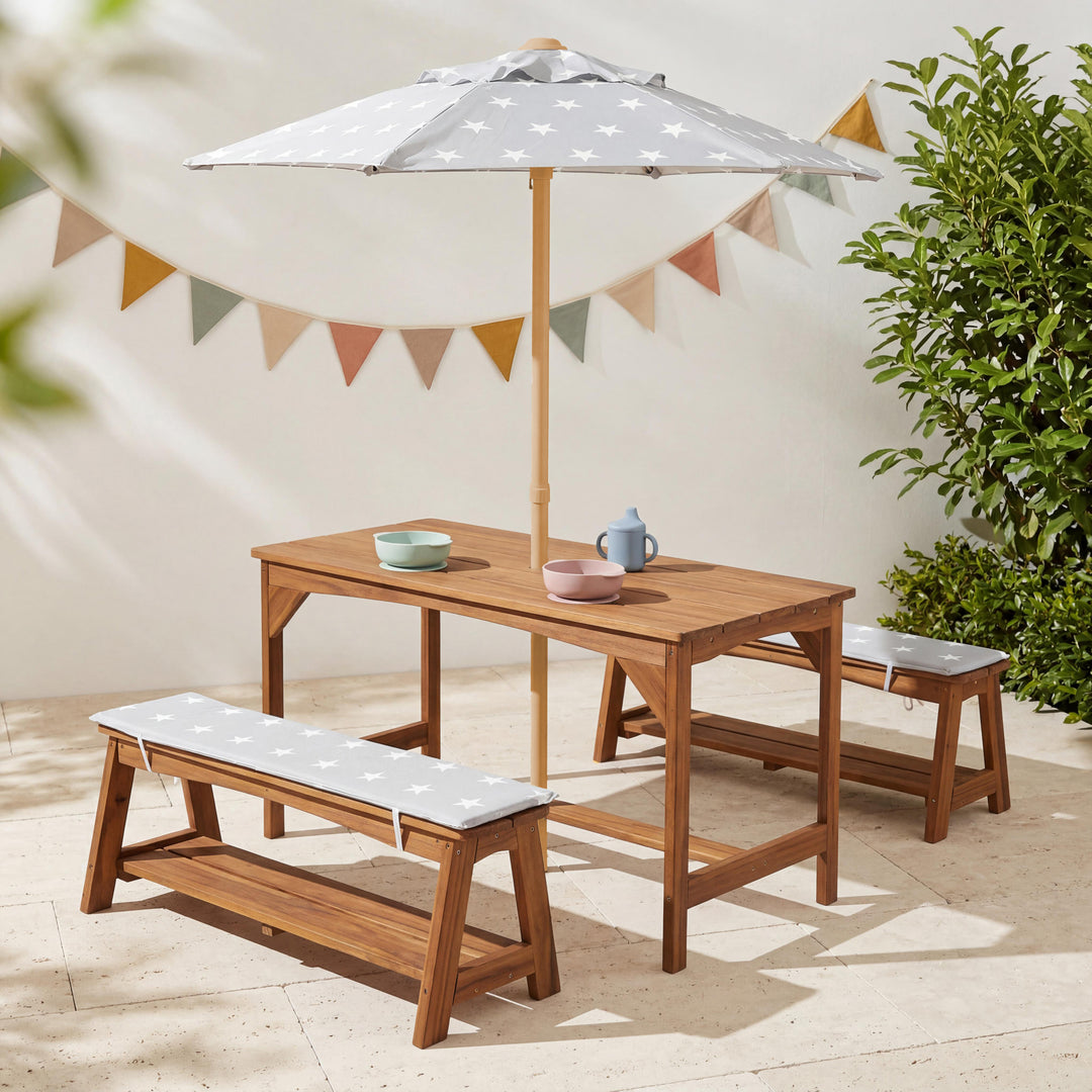 Outdoor Seating Group+ 1 Table, 2 Benches, Parasol & Seat Cushions 'Little Stars' - Teak