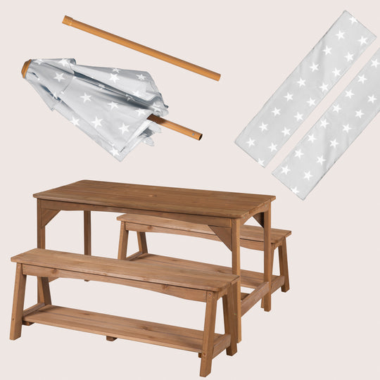 Outdoor Seating Group+ 1 Table, 2 Benches, Parasol & Seat Cushions 'Little Stars' - Teak
