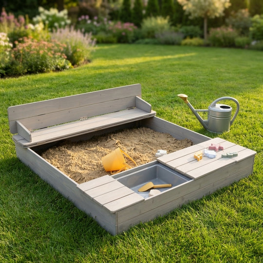 Caja de arena 'Outdoor +' gris lasurada, incluye banco abatible y 2 cubos de juego