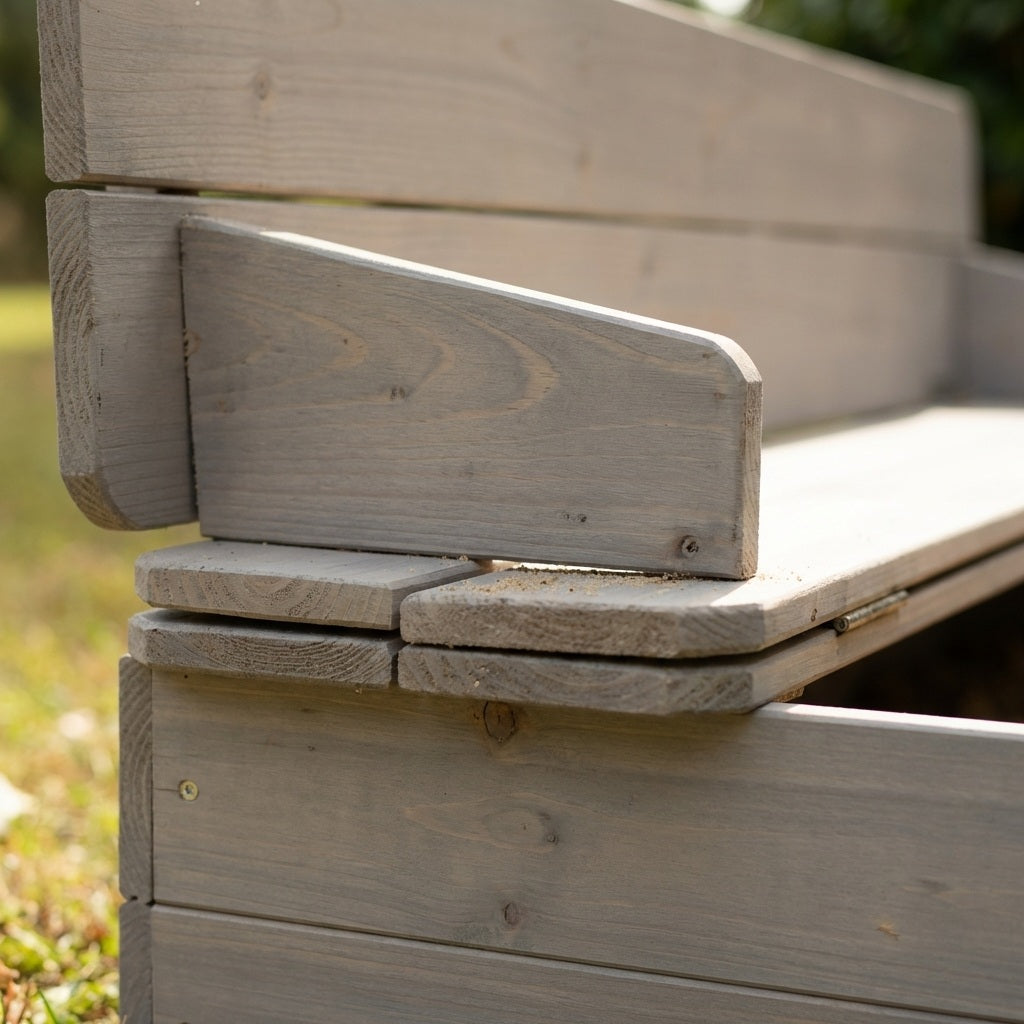 Caja de arena 'Outdoor +' gris lasurada, incluye banco abatible y 2 cubos de juego