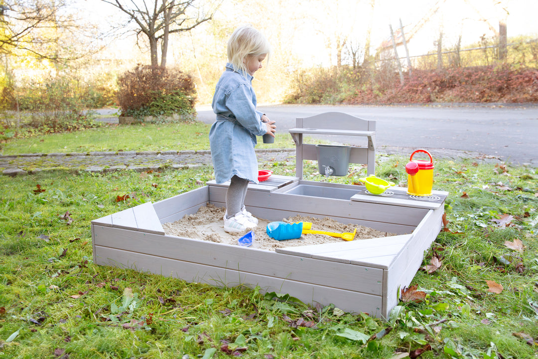 sandkasten mit aufbewahrung Sandkasten aus Holz inkl. Matschküche & Abdeckplane » roba kids