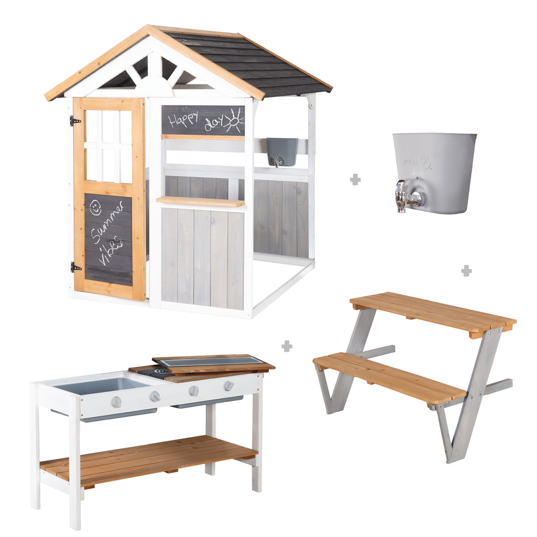 Garden Playhouse incl. Play Kitchen + Picnic Table - Multicolor Stained Wood