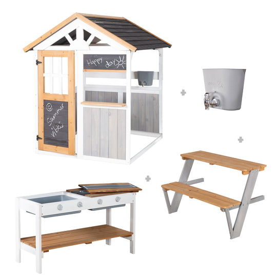 Garden Playhouse incl. Play Kitchen + Picnic Table - Multicolor Stained Wood