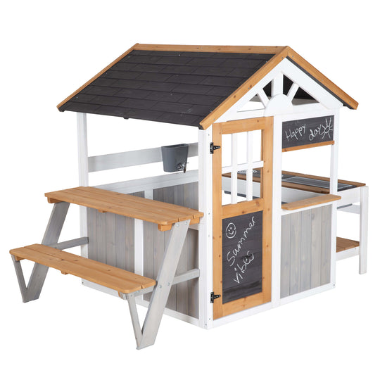 Garden Playhouse incl. Play Kitchen + Picnic Table - Multicolor Stained Wood