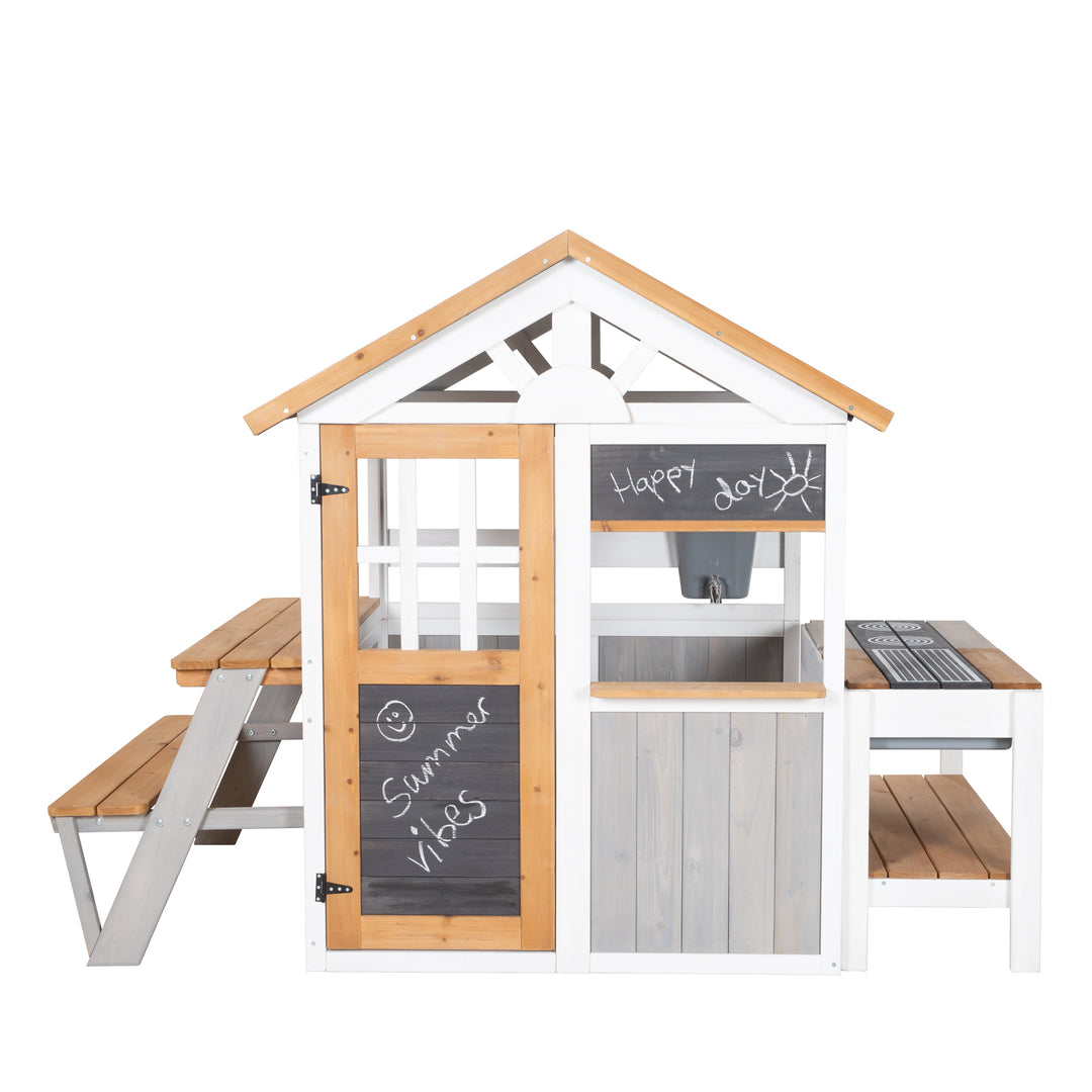 Garden Playhouse incl. Play Kitchen + Picnic Table - Multicolor Stained Wood