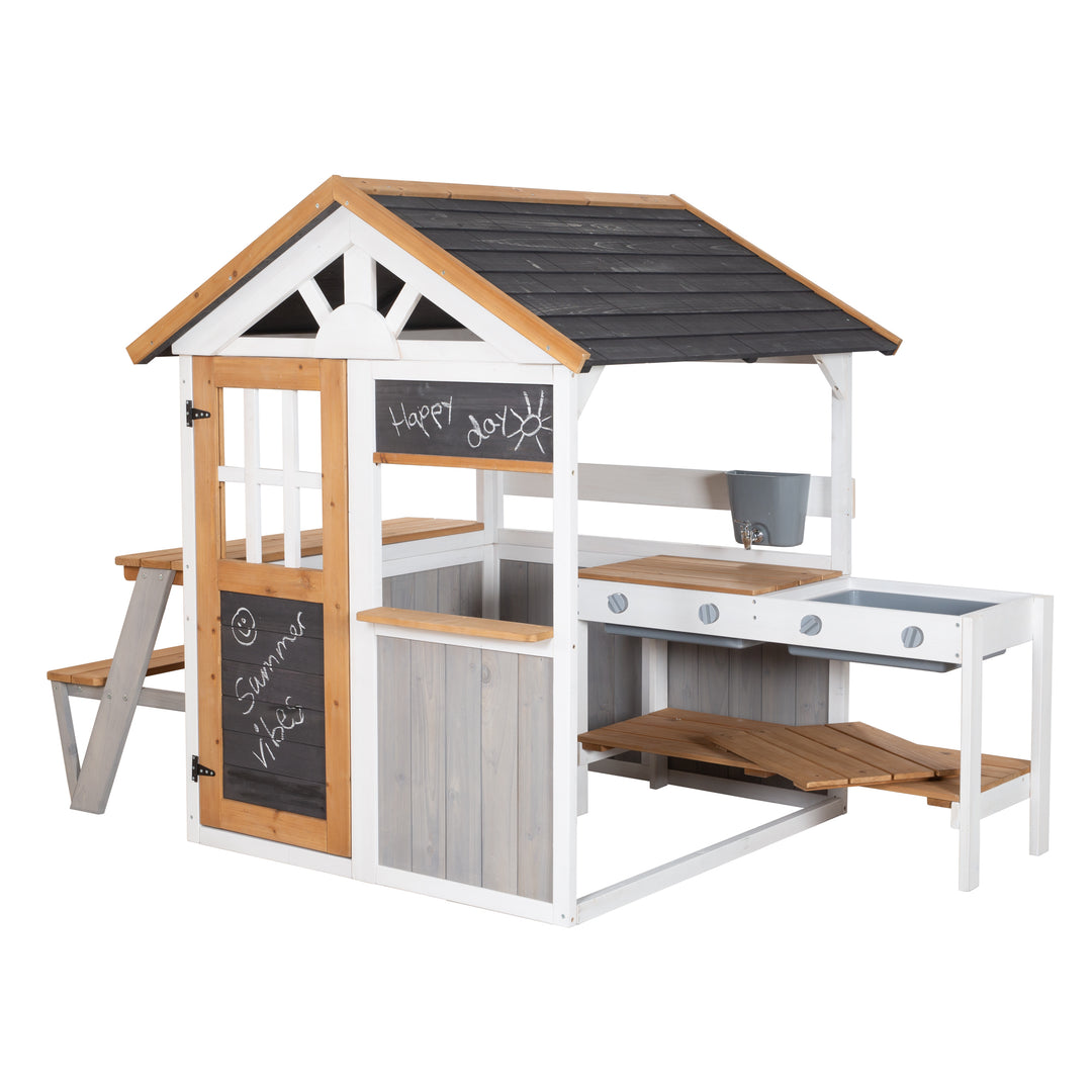 Garden Playhouse incl. Play Kitchen + Picnic Table - Multicolor Stained Wood
