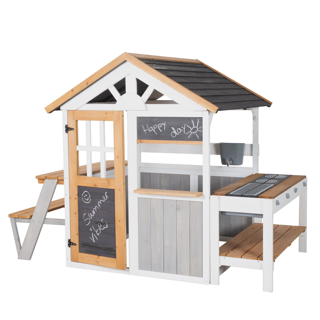 Garden Playhouse incl. Play Kitchen + Picnic Table - Multicolor Stained Wood