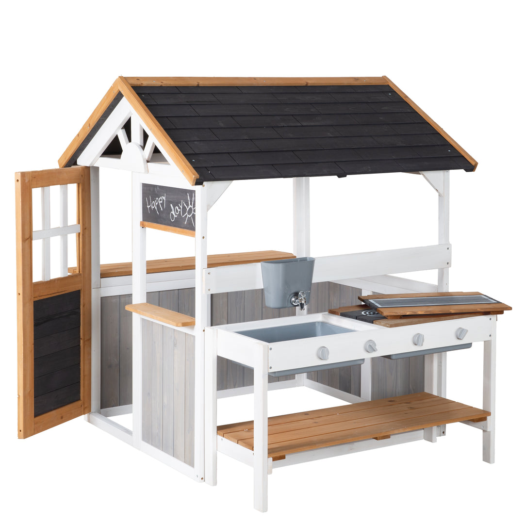 Garden Playhouse incl. Play Kitchen + Picnic Table - Multicolor Stained Wood