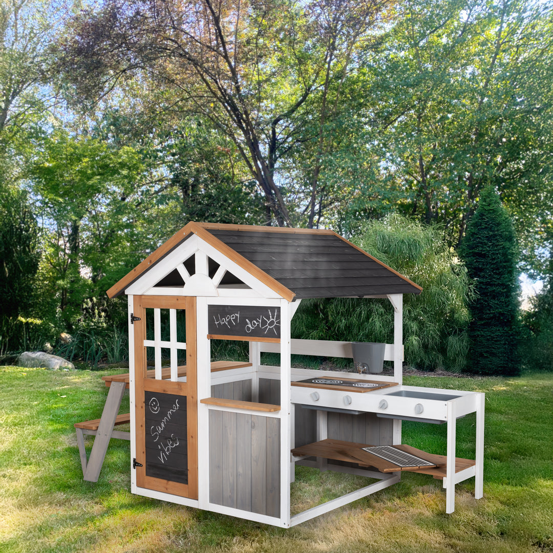 Garden Playhouse incl. Play Kitchen + Picnic Table - Multicolor Stained Wood