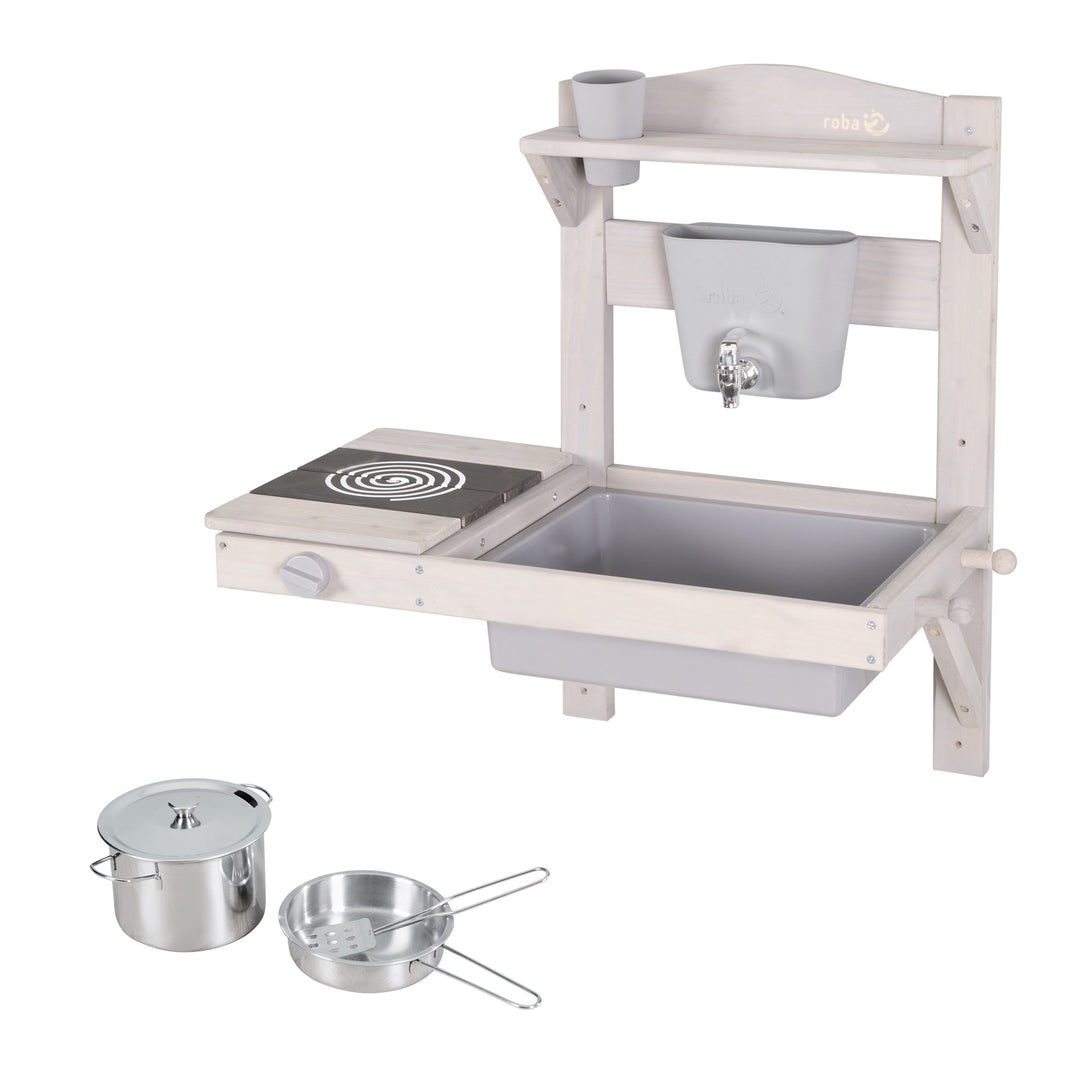 Cocina de barro para colgar con accesorios - Madera certificada FSC - Gris lacado