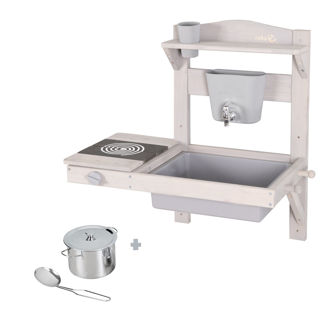 Cocina de barro para colgar con accesorios - Madera certificada FSC - Gris lacado