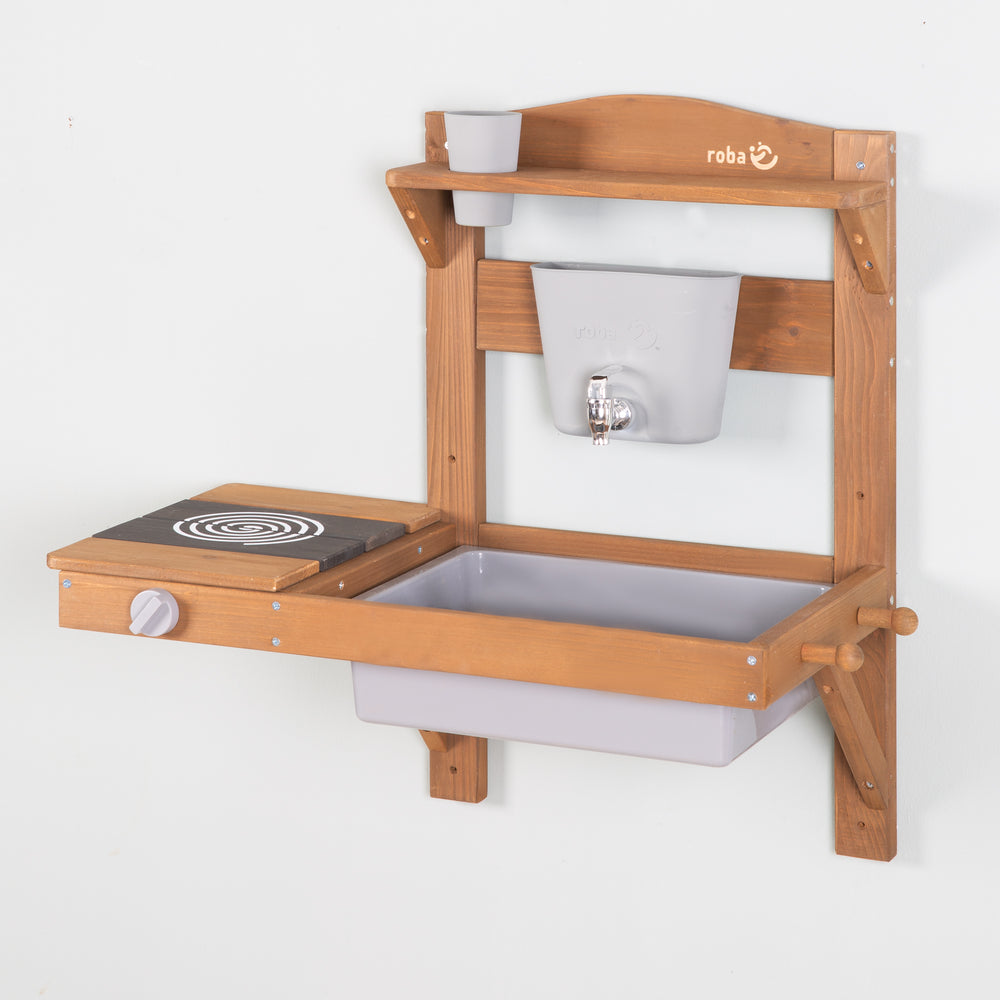 Cucina di fango da appendere con accessori - legno certificato FSC - colore teak