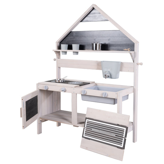 Cucina da gioco e da fango per esterni in stile casa - Legno certificato FSC - Smaltato grigio