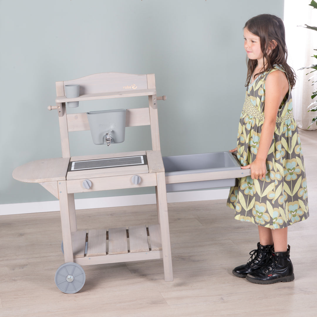 Cocina de barro móvil BBQ para niños - Madera certificada FSC - Gris lacado