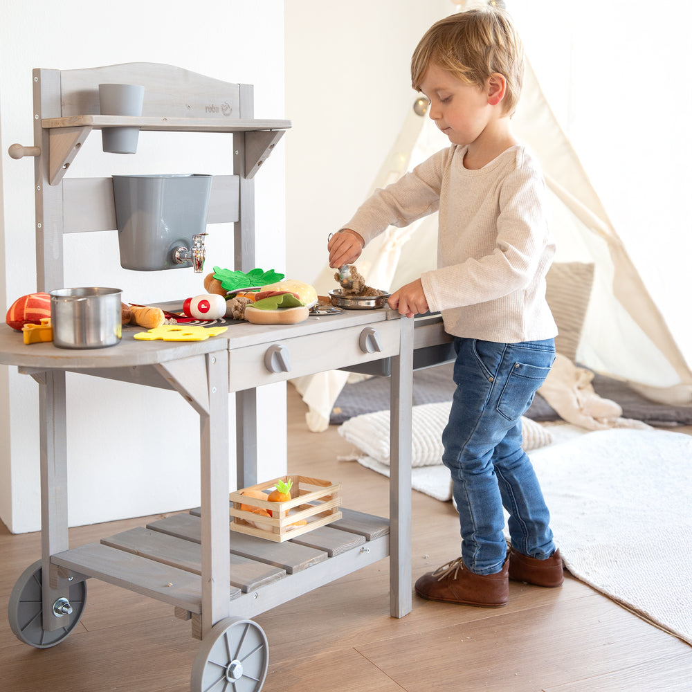 Mobile Matsch- & Spielküche BBQ für Kinder - FSC-zertifiziertes Holz - Grau lasiert