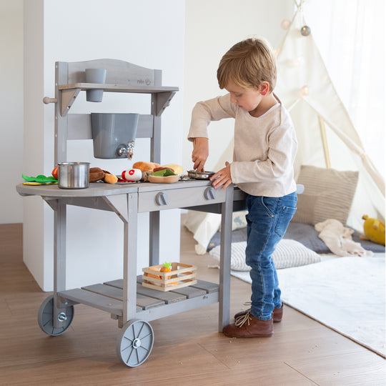 Mobile Matsch- & Spielküche BBQ für Kinder - FSC-zertifiziertes Holz - Grau lasiert